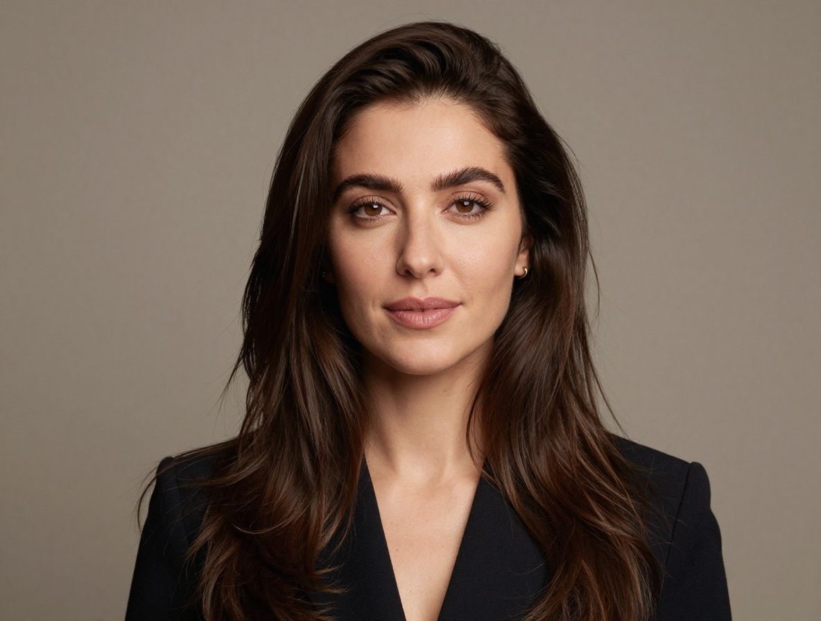 Selin Arslan, uzun kahverengi saçlı 35 yaşında gülümseyen dijital pazarlama uzmanı kadın, profesyonel ofis ortamı
