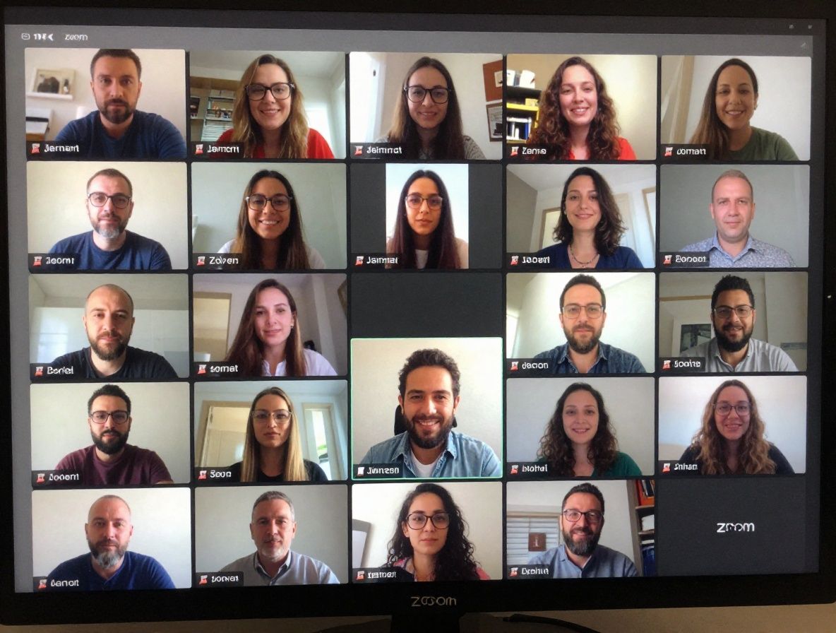 Online video konferans toplantısı, ekranda birden fazla kişi Zoom araması yapıyor, renkli arka planlar görünüyor